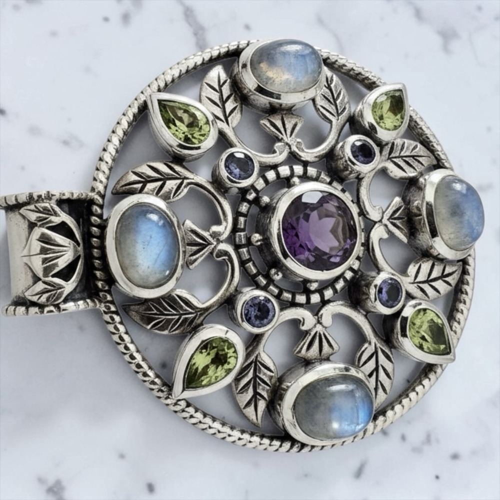 Doug Paulus 925 Sterling Moonstone Amethyst Peridot Pendant Large 2" India